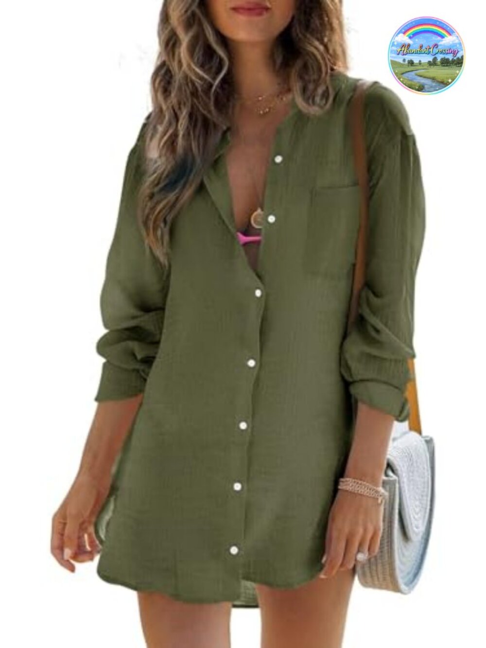 Womens Cotton Beach Cover Up Long Sleeve Button Down Swimsuit Tunic
